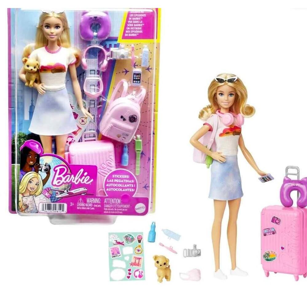 NIB Barbie Doll & Accessories, 'Malibu' Travel Set with Puppy & Working Suitcase